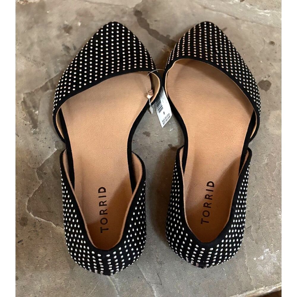 Torrid Black Studded Pointed Toe D'Orsay Flats Women's Size 8 NWT Rhinestone